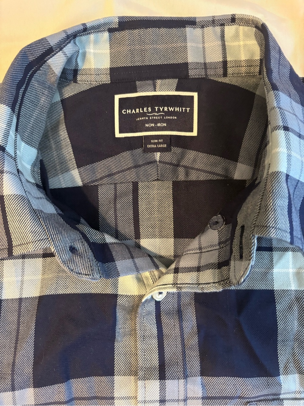 Charles Tyrwhitt Mens Extra Large Slim Fit Non-Iron Plaid Button Down Shirt Blue